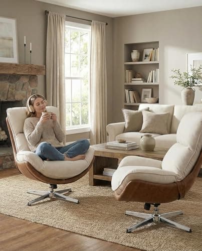 LukeAlon Linen Swivel Lounge Chair, Upholstered High Back Accent Chair with Metal Base Armelss Comfy Modern Recliner Chair for Living Room Office, Beige 5