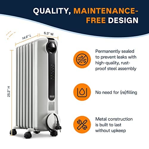 DeLonghi Radia S Oil-Filled Radiator Space Heater, Full Room Quiet 1500W, Adjustable Thermostat, 3 Heat Settings, Digital Timer, ECO Energy Saving Mode, Safety Features, Light Gray, TRRS0715E 9