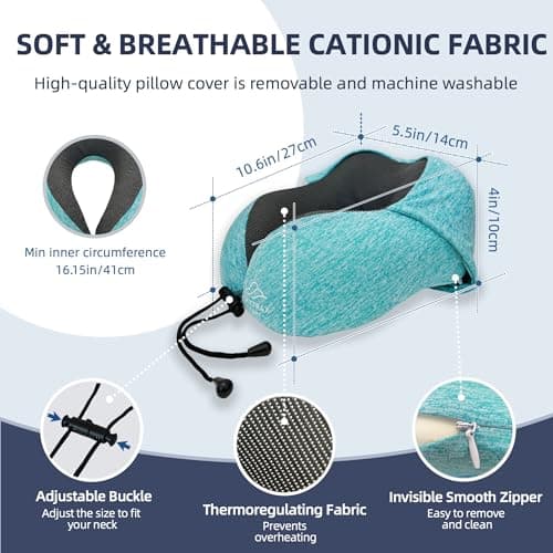 Travel Pillow with Extra Large Hood for Airplane Long Flights Privacy and Comfort Memory Foam with Skin-Friendly Cover for Road Trip Head&Neck Support for Plane Office Cars Sleeping & Rest (Mint Blue) 6