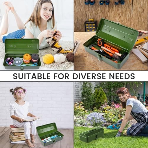 Large Metal Tool Storage Box with Handle for Workshop,15 inches Portable Tool Case with Lid，Locking Organiser Box for Hardware Part(green) 7