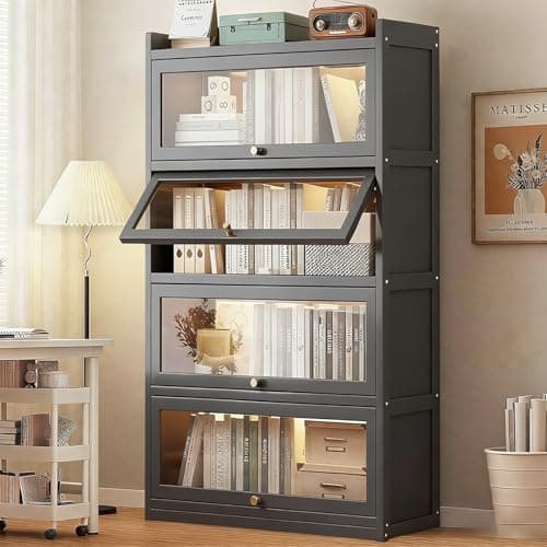 qeknxks 55" Bamboo Bookcases,Book Shelfs with Acrylic Doors,Freestanding Display Storage Shelves for Collectibles,4 Tier Tall Bookshelfs & Bookcases for Living Room Bedroom Home Office