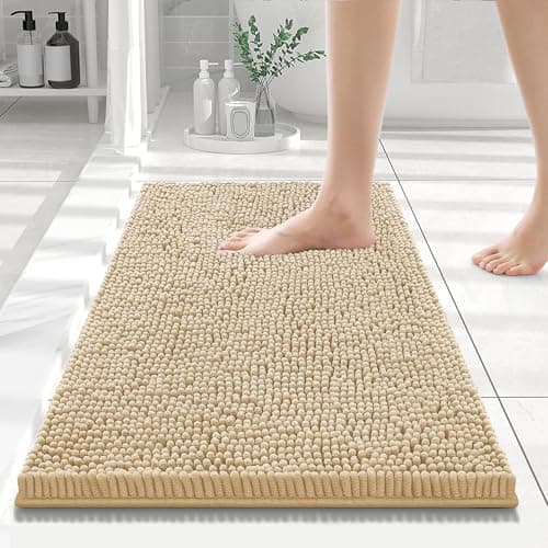 Smiry Luxury Chenille Bathroom Rugs 24x16, Extra Soft and Absorbent Shaggy Bath Mat, Machine Washable, Non-Slip Plush Carpet Runner for Tub, Shower, and Floor, Home Decor Accessories, Beige