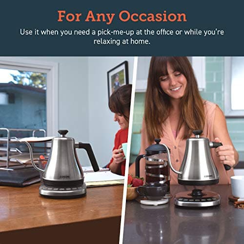 COSORI Gooseneck Electric Kettle with 5 Variable Presets, Pour Over & Coffee maker, 100% Stainless Steel Inner Lid & Bottom, 1200 Watt Quick Heating, 0.8L, Silver 10
