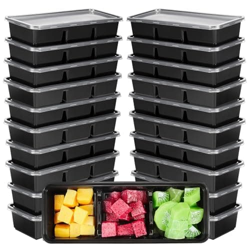 Hushee 50 Pack 17 oz Small Meal Prep Containers with 3 Compartments Snack Containers with Lid Disposable Plastic Bento Box Travel Lunch Food Boxes Stackable for Office Picnic (Black)