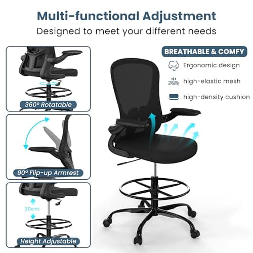 Drafting Chair, Tall Office Chair with Flip-up Armrests Executive Ergonomic Computer Standing Desk Chair, Office Drafting Chair with Lumbar Support and Adjustable Footrest Ring 5