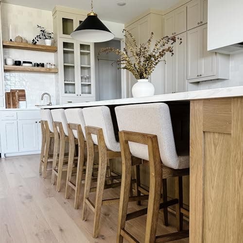 Nathan James Gracie Modern Counter Height Bar Stool with Back, Counter Stool Upholstered Chair with Natural Flax White Fabric and Brushed Wooden Legs, Natural Flax/Brown, Set of 4 5