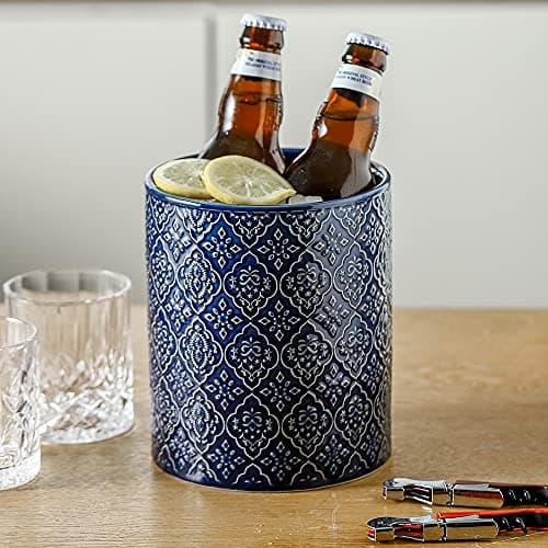 KOOV Kitchen Utensil Holder, Large Utensil Holders for Countertop, 6 x 7 Inches Ceramic Utensil Crock, Deep and Stable, Cooking Utensil Holder, Embossed Pattern (BLue) 6