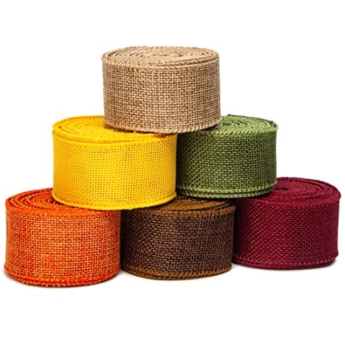 Ribbli Fall Burlap Ribbon,Natural/Yellow/Orange/Sage/Brown/Burgundy Burlap Wired Ribbon,1.5 Inch x 6 Colors Total 30 Yard, Fall Wired Ribbon for Big Bow,Wreath,Outdoor Decoration