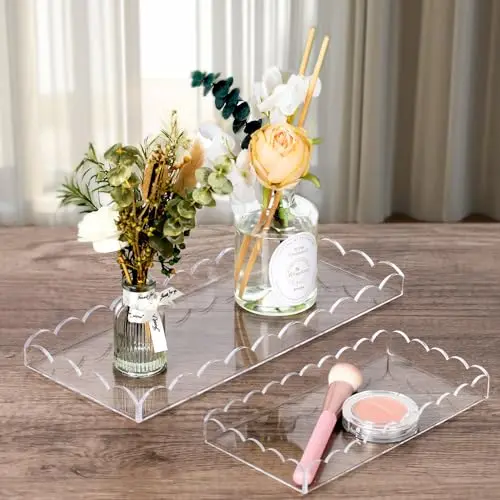 Starry 2 Pack Acrylic Scalloped Tray Clear Acrylic Bathroom Vanity Tray for Bathroom Counter Living Room Decor Organizing Soap Perfume Makeup (Large: 11" L x 5" W + Middle: 8" L x 4" W)