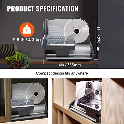 VEVOR Meat Slicer, 200W Electric Deli Food Meat Slicer with Two 7" Stainless Steel Removable Blade, 0-15mm Adjustable Thickness for Home Use, Food Slicer Machine for Meat Cheese Bread 6