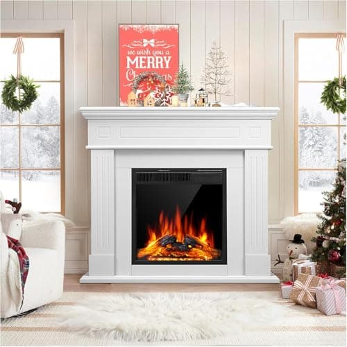 44" Electric Fireplace with Mantel, Freestanding Fireplace Heater, 750–1500W LED Log Firebox with Remote Control, Pearl White