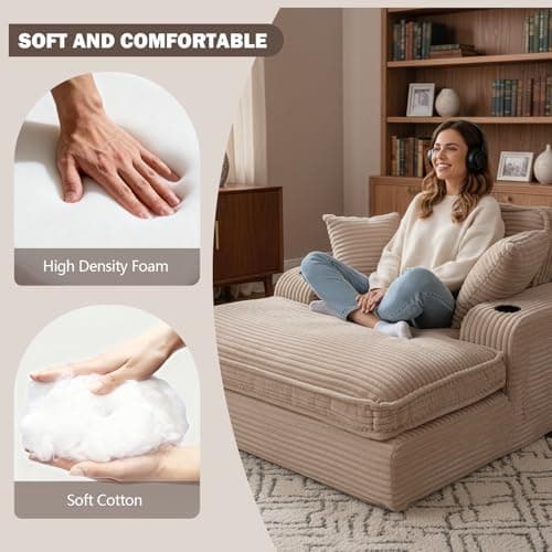 67" Oversized Chaise Lounge Chair Indoor, Soft Boneless Cloud Couch with 3 Pillows, 4 Side Pockets and 2 Cup Holders, Comfy Corduroy Sleeper Couch for Living Room Bedroom 6