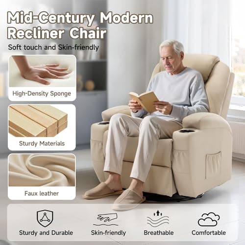 Korser Recliner Chair, Rocking Chair with Massage and Heat, 360° Swivel Recliner Chairs for Adults, Rocker Manual Recliner with Remote Control and Cup Holder for Living Room, Bedroom, Nursery 7