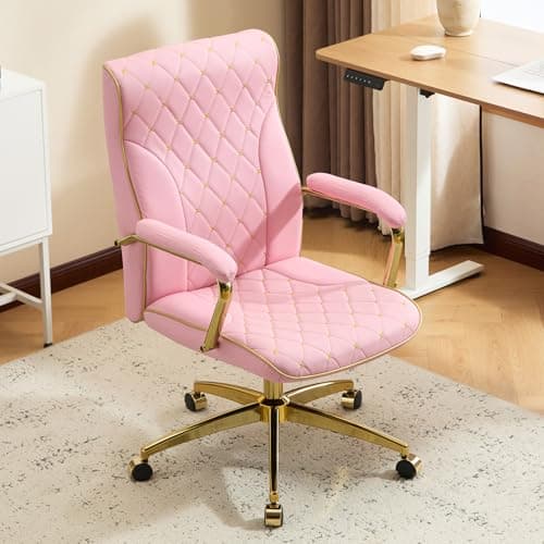 Furniliving Pink and Gold Office Chair, Leather Office Chairs, Adjustable Vanity Chair with Golden Legs and Padded Armrest, Modern Upholstered Computer Chair with Wheels,Pink
