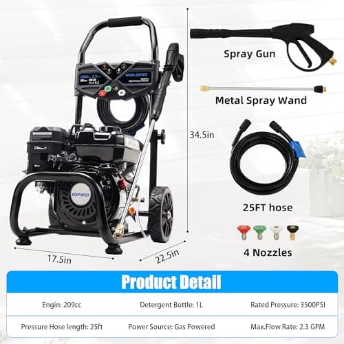 Ezasin Gas Pressure Washer 3500 PSI, 2.3 GPM Heavy Duty High Power Washer,209CC 7HP Engine with 25Ft Pressure Hose, Axial Aluminum Pump, Soap Tank, 4 Quick Connect Nozzle (Black) 6