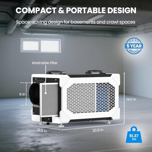 CADPXS Crawlspace Dehumidifier, 145 Pints Commercial-Grade Dehumidifier with Drain Hose for Crawl Spaces, Basements, Industrial and Water Damage Use, Large Capacity, Auto Defrost, Memory Restart, cETL 9