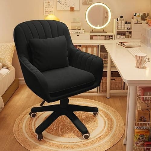 XUEGW Velvet Desk Chair with Pillow Upholstered Vanity Chair for Girls Women, Home Office Computer Task Chair with Wheels Swivel Rolling Accent Chair for Living Room, Bedroom