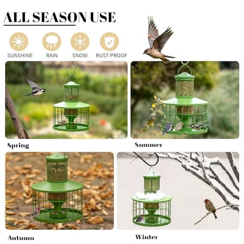 Caged Bird Feeders Squirrel-Proof, Metal, 2.8Lbs Capacity-Cage Tube Seed Feeders with Tray, Hanging Wild Bird Feeders, Attract Birds,Detachable Cleaning, Starling Proof Wild Bird Feeder（Green） 6