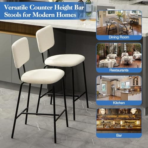Barstools Set of 2 Counter Height Bar Stools : Modern White Upholstered Boucle Fabric Bar Stool for Kitchen Bistro Pub Armless Bar Chair with Metal Base for Dining Room Counter Island 7