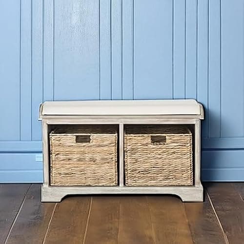 SAFAVIEH Home Collection – Freddy White Wash Storage Bench with Wicker Baskets & Cushion, Entryway Seating Bench, Fully Assembled (AMH5736G) 8
