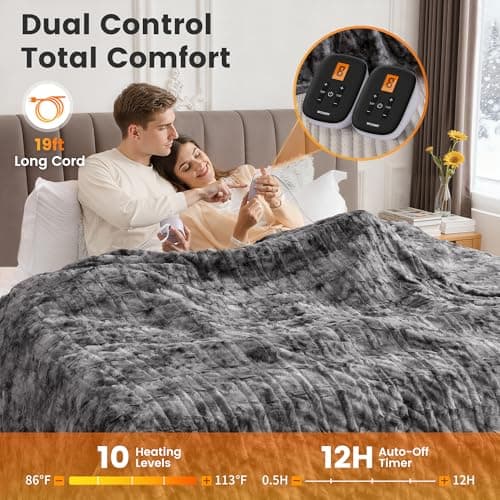 WOOMER Heated Blanket King Size 100" x 90", Electric Blanket with Dual Controllers, 0.5-12 Hours Timer & 10 Heating Levels, ETL Certified, Marble Gray Double-Sided Faux Fur, Machine Washable 5