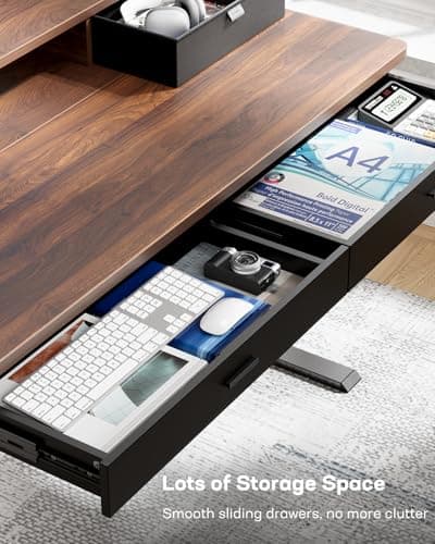 HUANUO 55 x 30 inch Electric Standing Desk with Wood Drawers, Adjustable Height Sit Stand Home Office Desk with Two Tiers, Ergonomic Adjustable Stand up Desk C-Clamp Monitor Mount Compatible, Walnut 5