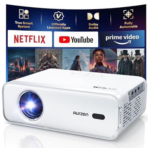 Aurzen EAZZE D1 Smart Projector with WiFi and Bluetooth, Officially-Licensed APP, Auto Focus/Keystone, DoIby Audio 16W Speakers, Native 1080P, HDR10, 4K Support, Portable Mini Outdoor Movie Projector