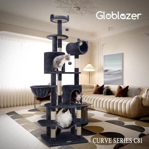 Globlazer Artistic Curved Cat Tower for Small Cats (Under 12 lbs), 81-inch Slim Design Cat Tree with Space-Saving Design, Indoor Cat Condo with Hammock & Tunnel, C81, Dark Gray, Non-Large Cats 7
