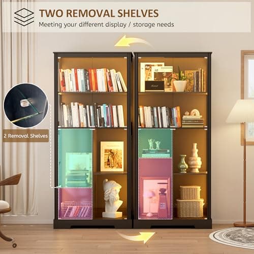 Lvifur 71” Display Cabinet with Glass Doors, Modern Curio Cabinet with 3 Color Lights, 7-Tiers Glass Display Cases for Collectibles, Tall Lego Storage Cabinet with Human Body Sensor (Black) 9