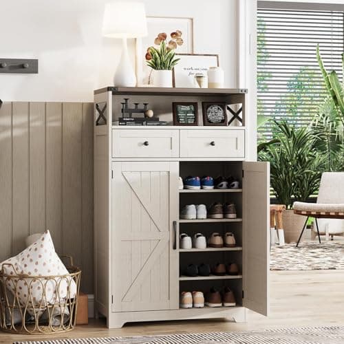 Maupvit Shoe Cabinet with Doors, 6-Tier Farmhouse Shoe Storage Cabinet with 2 Drawers & Adjustable Shelves, Shoe Cabinet Storage for Entryway, Wood Shoe Rack Organizer for Living Room Foyer Hallway