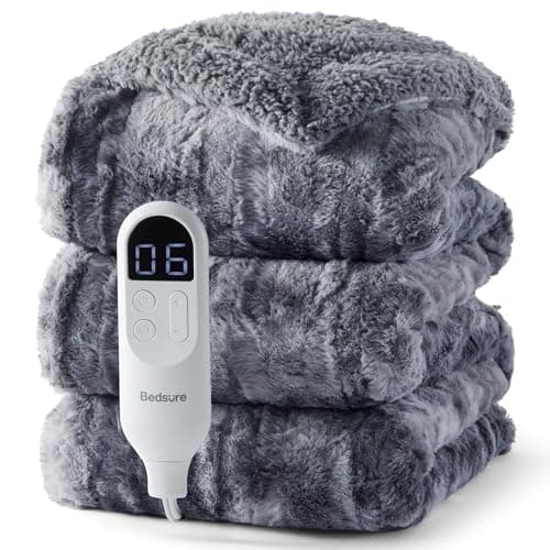 Bedsure Faux Fur Heated Blanket Twin Size, Fast Heating Electric Blanket Twin Size with 6 Heating Levels & 10 Time Settings, Cozy Gifts for Women Men (62x84 inches, Grey)
