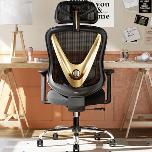 HOLLUDLE Ergonomic Mesh Office Chair - 3D Adjustable Lumbar Support & 3D Armrests, V-Shaped Back, Adjustable Desk Chair for Office & Home, Black and Gold