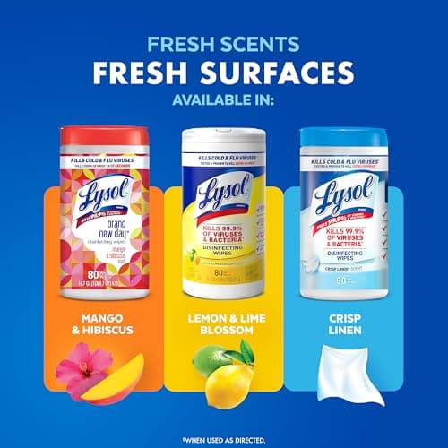 Lysol Disinfectant Wipes Multi-Surface Antibacterial Cleaning Wipes, Dorm Room Essentials For Disinfecting and Cleaning Lemon and Lime Blossom 80 Count (Pack of 2) 8