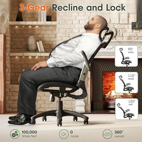 GABRYLLY Ergonomic Office Chair, High Back Home Desk Chair with Headrest, Flip-Up Arms, 90-120° Tilt Lock and Wide Cushion, Big and Tall Mesh Chairs for Man Woman, Black Task Chair 6