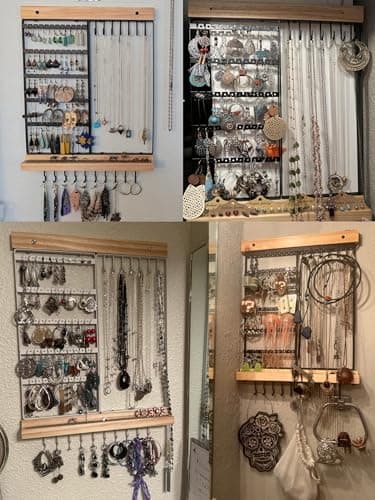 Feyejade Hanging Jewelry Organizer, 5-Tier Wall Earring Holder with Wooden Ring Groove, Jewelry Rack Wall Mounted for Earrings, Necklaces, Bracelets and Rings, Jewelry Holder Stand, Black 6