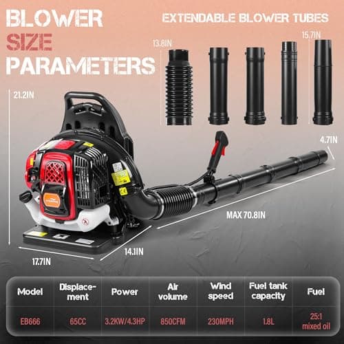 JellyMoving 65CC 2-Stroke Backpack Leaf Blower Gas Powered, 850CFM 230MPH Powerful Wind, Cruise Control, High-Efficient Commercial Gas Leaf Blower for Yard Lawn Care, Debris Dust & Leaf Cleaning 8