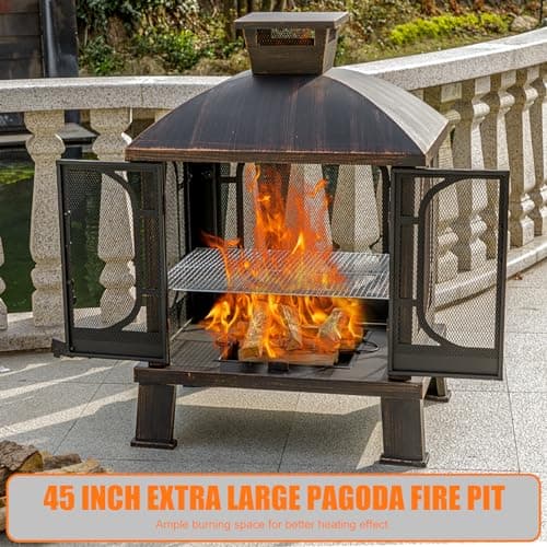 Panovue 45" H×31''W Metal Chiminea Fire Pit with Grill, Wood Burning Fire Pits for Outside,Square Chimineas Fireplace with Mesh Spark Screen Door& Fire Poker for Garden,Yard,BBQ,Bonfire (Black&Gold) 5