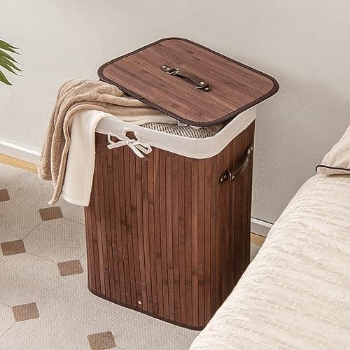 Giantex Bamboo Laundry Hamper with Lid, 72L Large & Tall Clothes Hamper with Removable Liner & Handles, Rectangular Laundry Basket for Small Spaces, Laundry Room, Bedroom (Brown) 8