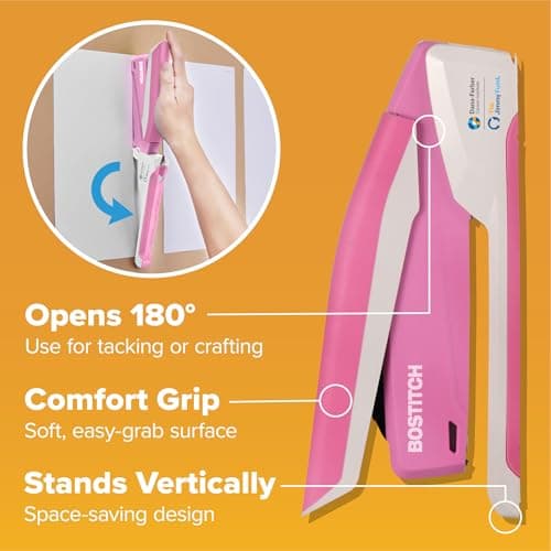Bostitch Office InPower Spring-Powered Desktop Stapler, 20 Sheet Capacity, One Finger Stapling, Includes 210 Staples, Jam Free, Opens for Tacking, Breast Cancer Awareness Pink 7