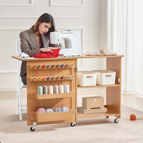 VEVOR Folding Sewing Table, Multipurpose Sewing Machine Table with Compact Design, Wheels, Shelves, Storage Trays, Wooden Pegs, and Magnetic Doors, Sewing Desk Cabinet for Sewing Machine, Wood Color 8