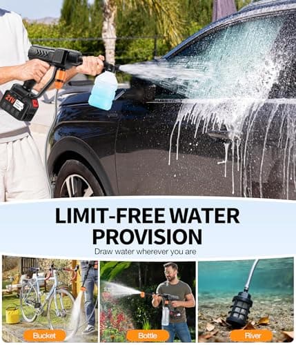 KimPump Cordless Pressure Washer Battery Operated, 500 PSI Cordless Power Washer with 6-in-1 Nozzle & Foam Cannon, Handheld Pressure Washer with Triple Water Source & 16FT Hose for Car, Home, Yard 6