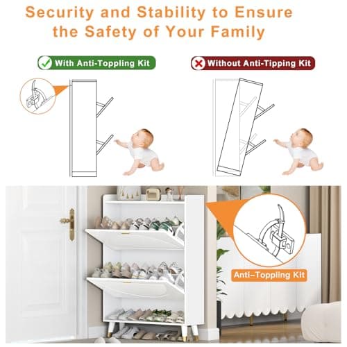 Wakefit Shoe Storage Cabinet for Entryway Slim, Shoe Organizer Cabinet with Doors, 2 Flip Drawer Shoe Cabinet Hidden, Ultra Thin Shoe Cabinet Wood （White-FrozenWhite） 6