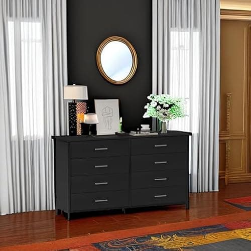 IKENO 8 Drawer Dresser for Bedroom, Industrial Wood Dresser Wide 8 Chest of Drawers, Wooden Storage Organizer Dresser with Sturdy Steel Frame (Black) 5