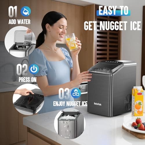 inoviva Nugget Ice Maker Countertop, 40lbs/24H Soft Chewable Pellet Ice Machine with Self-Cleaning, Sonic Ice Maker for Home Kitchen, Office - Black Stainless 5