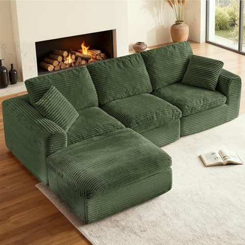 ZOOVEE 108” Modular Sectional Sofa Couches L Shaped Couch 3 Seater Cloud Sofa Memory Foam Sectional Couches for Living Room, Boneless Couch with Ottoman, Corduroy, Green