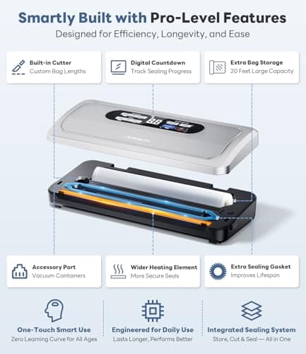Vacuum Sealer Machine with AirLock ProSeal System, 10-in-1 Vacuum Sealer for Food, Dry & Moist Modes, Compact Design with Digital Timer, Built-in Cutter & Roll Storage, Stainless Steel 8