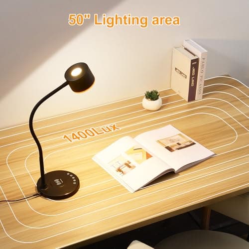 LED Desk Lamp with Wireless Charger, USB C + A Charging Ports, Eye-Caring Metal Bedside Lamp, 5 Colors Stepless Dimmable Reading Lamp, Touch Table Lamp Gooseneck Lamp for Home Office Dorm Black 5