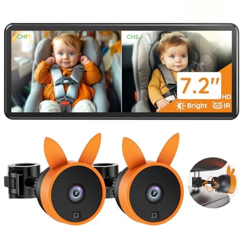 Babyvue BV3 PRO Dual Baby Car Camera – See 2 Kids Clearly with 7.2" HD Screen, 1080P Night Vision, 3-Level Brightness, Rear-Facing Monitor for SUV/Truck