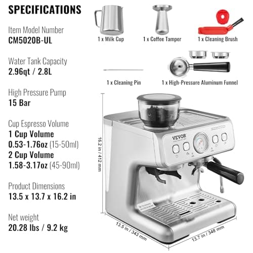 VEVOR Espresso Machine with Grinder, 15 Bar Semi-Automatic Espresso Coffee Maker with Milk Frother Steam Wand, Removable Water Tank & Pressure Gauge for Cappuccino, Latte, Machiato, PID Control System 7