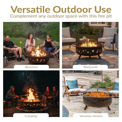 Sunnydaze Cosmic 42-Inch Large Outdoor Fire Pit - Wood-Burning Fire Pit with Round Spark Screen, Poker, and Built-in Grate 6